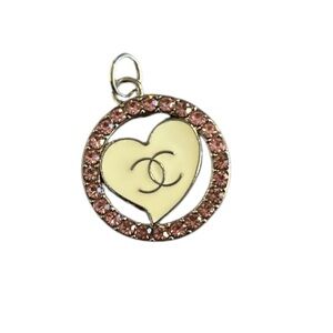 Authentic Stamped CHANEL Cream Heart Pendant with Pink Crystal Circle